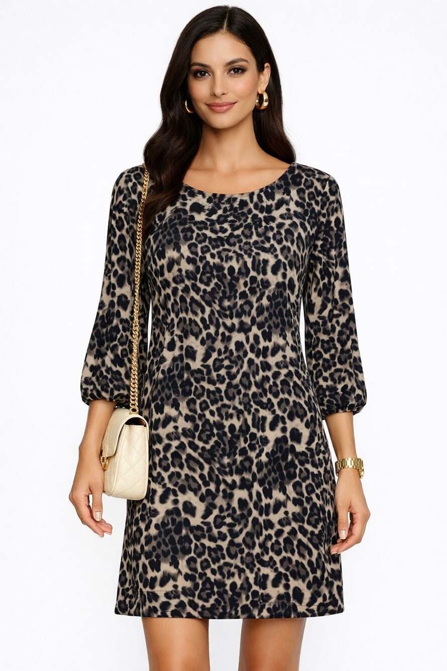 Ovi Leopard Print Long Sleeve Shift Dress size L Modern Chic